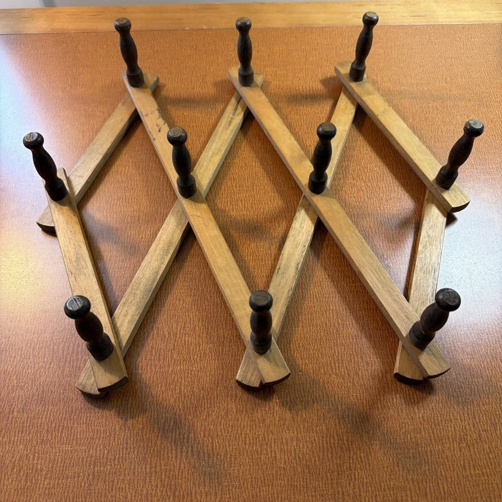 Vintage Accordion Wood Peg Rack 10 Pegs Wall Storage Organizer Coats Mugs 13